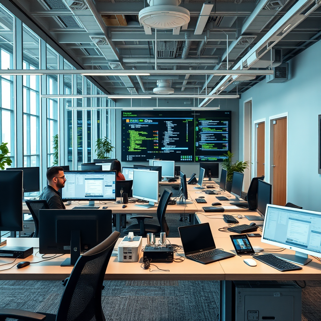 A modern office space equipped with computers, laptops, and networking devices, representing connectivity and productivity.