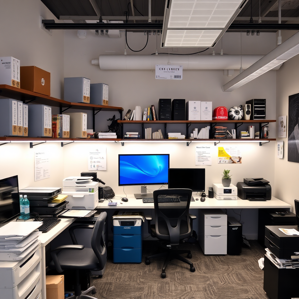 A modern office space equipped with various business tools and equipment, such as computers, printers, and office supplies.