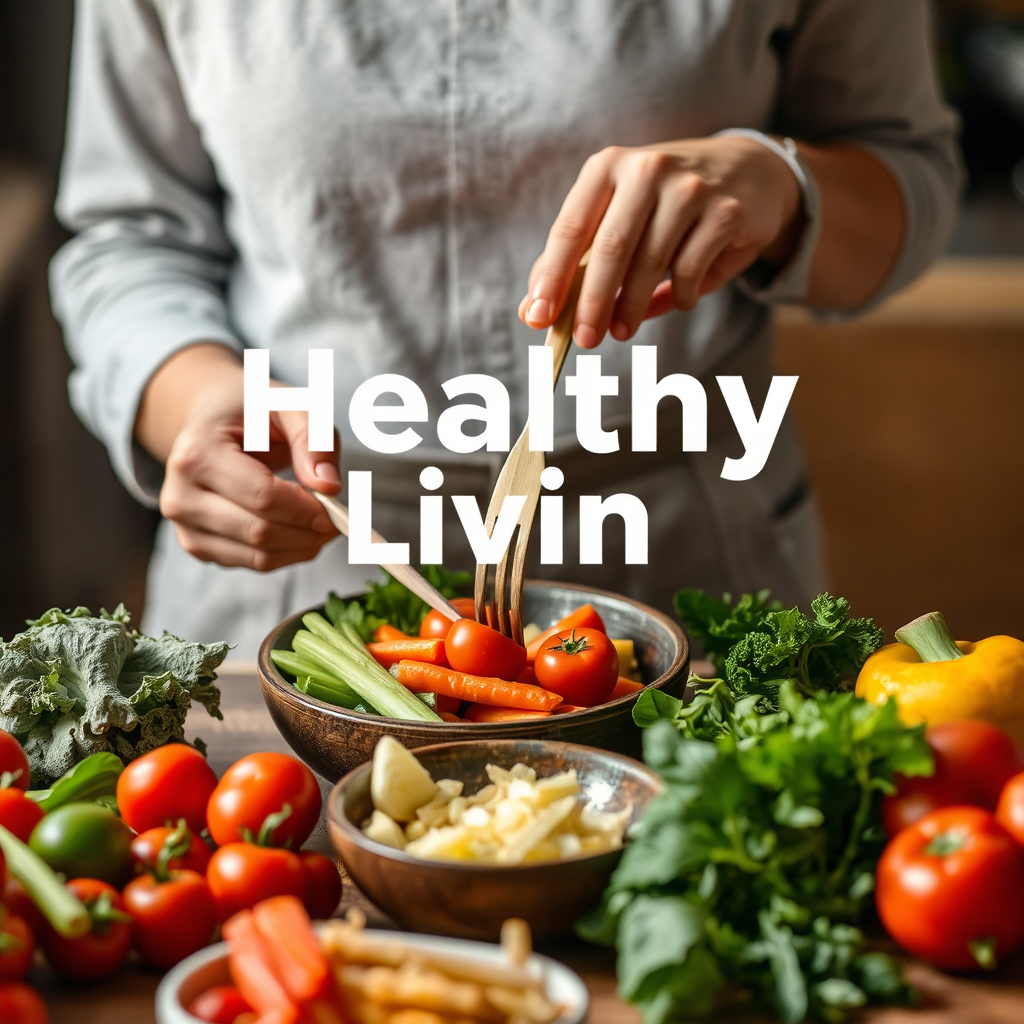  A person preparing a healthy meal with fresh ingredients, representing healthy living and nutrition.