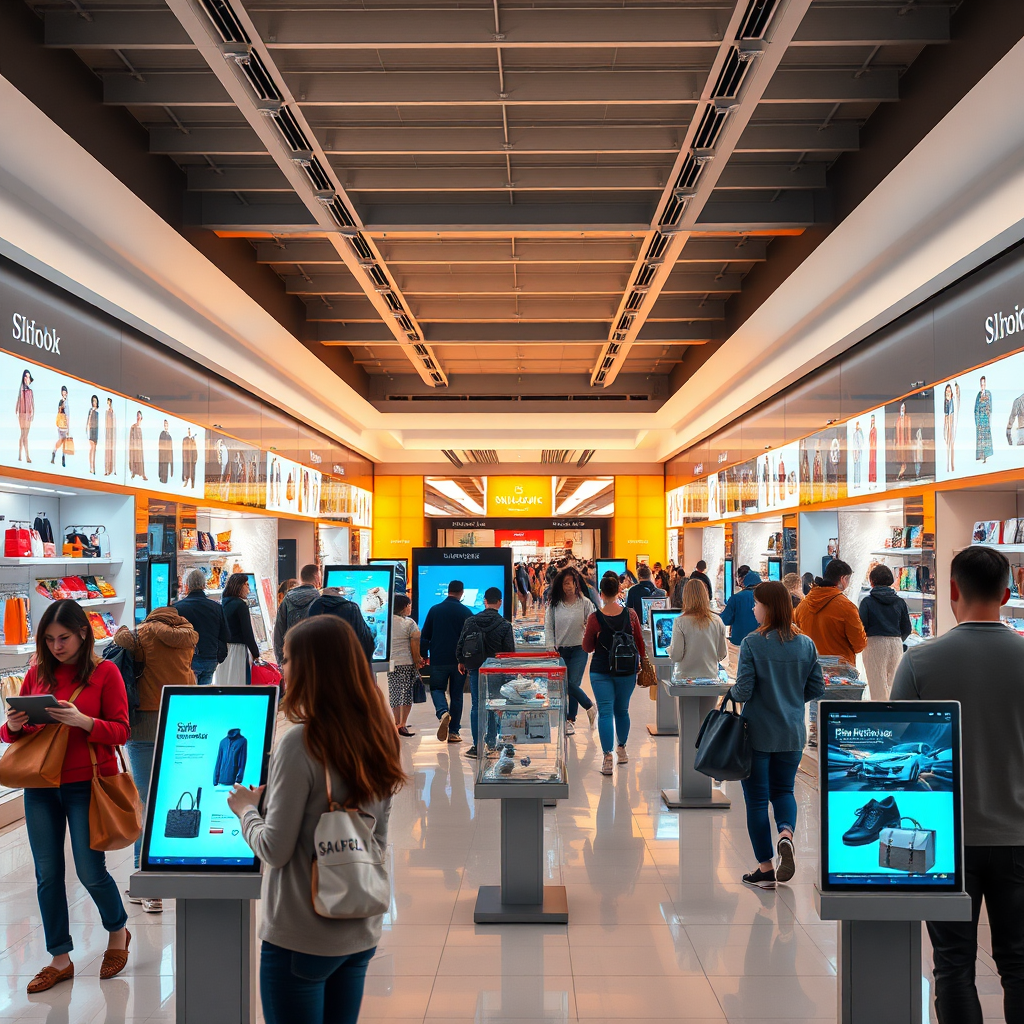 A photorealistic 4K image depicting the bustling interior of a modern, sleek online super shopping mall. The scene should showcase diverse shoppers interacting with virtual product displays, using tablets and smartphones to browse and purchase items. The composition should be balanced, with a clear focus on the user experience and the vast array of available products. The lighting is warm and inviting, with soft, diffused light creating a comfortable atmosphere. The color palette is clean and modern, with a mix of neutral tones and vibrant accents. The camera angle is a slightly elevated perspective, providing a wide view of the mall's interior. Textures are high-quality, capturing the fine details of digital screens, product packaging, and shopper attire. The environment is a clean, organized space with intuitive navigation. The image should convey a sense of convenience, accessibility, and endless possibilities. Style: Modern, clean, and inviting.