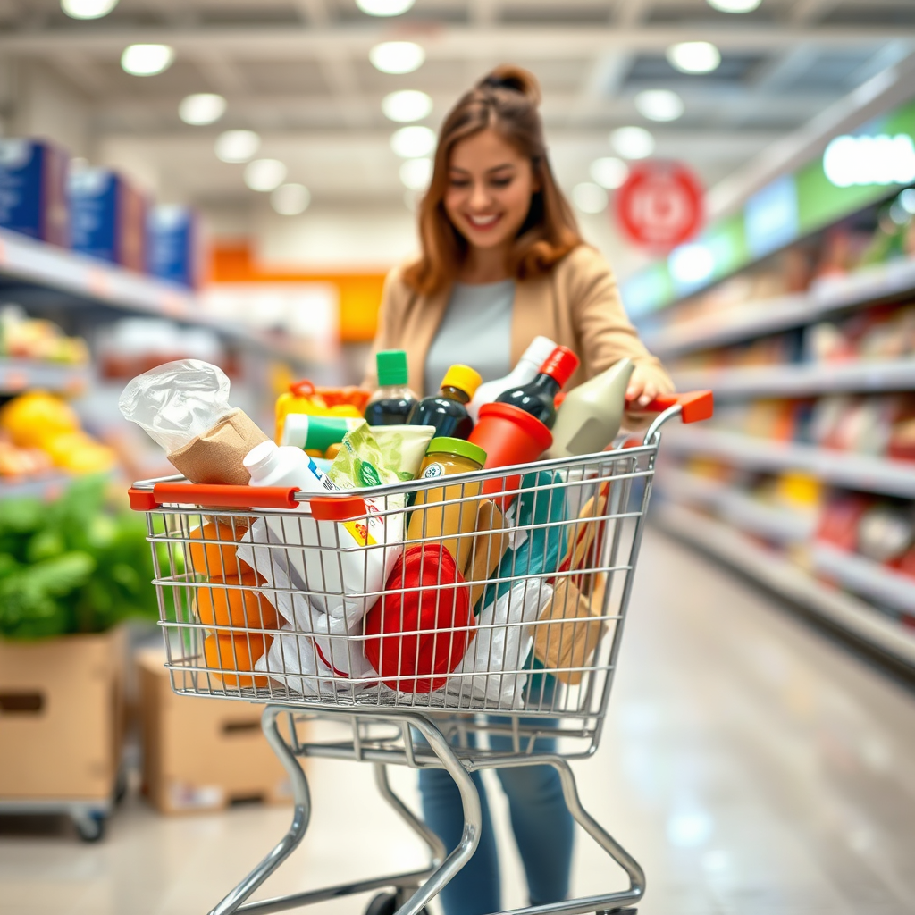 A photorealistic image depicting a shopper with a diverse array of items in their virtual shopping cart.