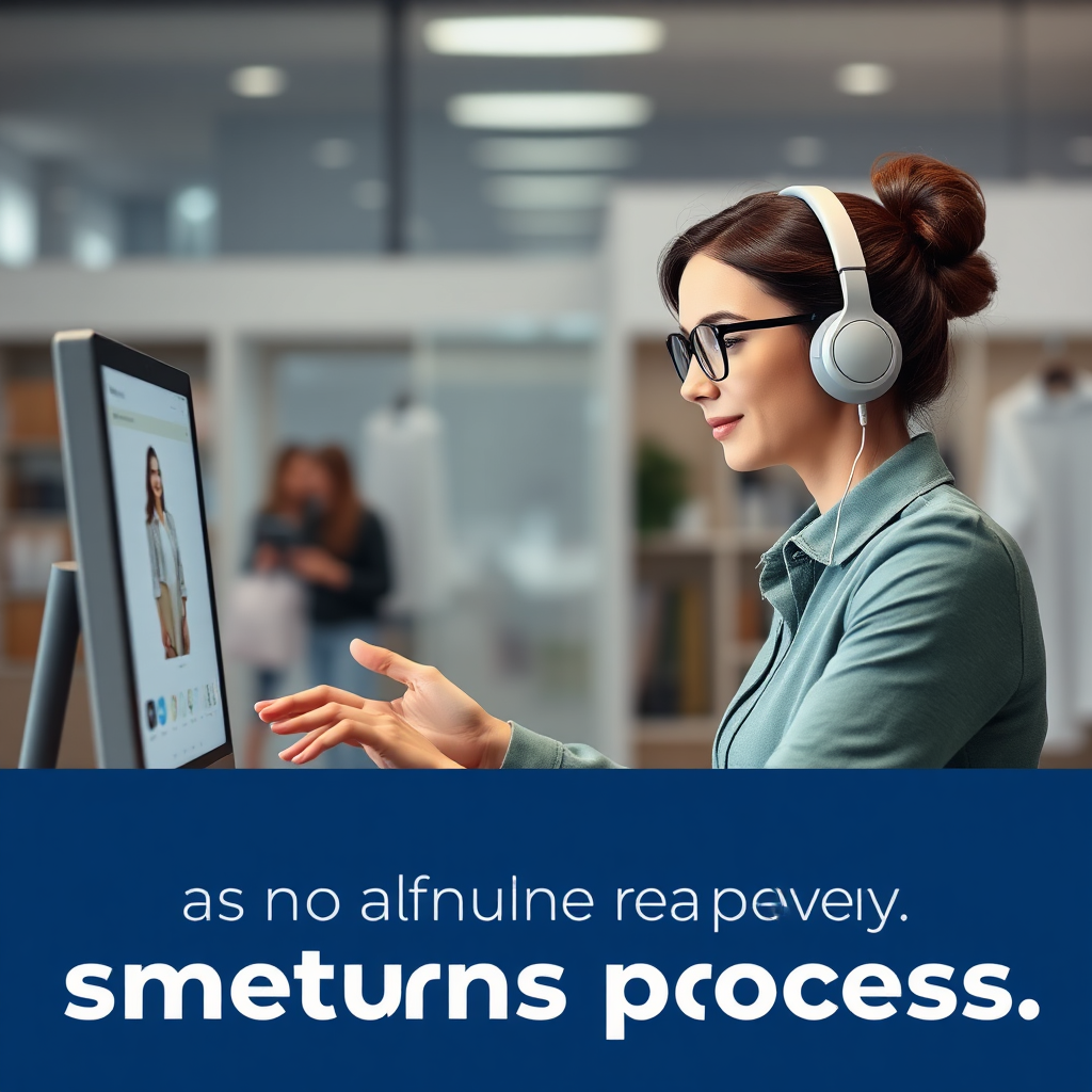A photorealistic image of a friendly customer support agent assisting a shopper through a virtual interface, emphasizing a smooth returns process. The colors should be calming and reassuring.