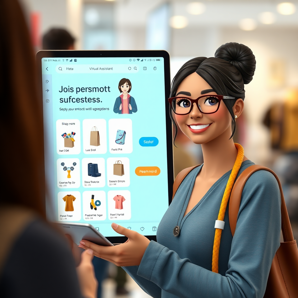  A photorealistic image of a friendly virtual assistant avatar offering personalized product suggestions on a tablet screen. The background should feature a soft, blurred image of diverse shoppers.