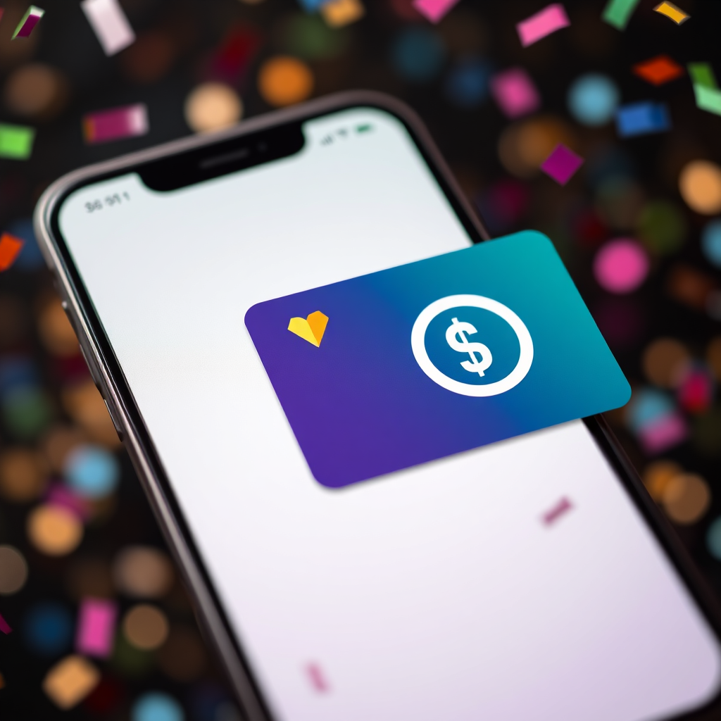 A photorealistic image of a loyalty card and a cashback icon displayed on a smartphone screen, with a celebratory confetti background. The colors should be festive and rewarding.
