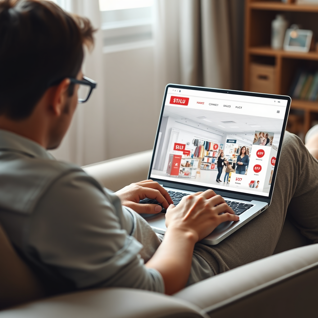 A photorealistic image of a person relaxing on a couch while browsing an online shopping mall on their laptop. The scene should convey comfort and ease.