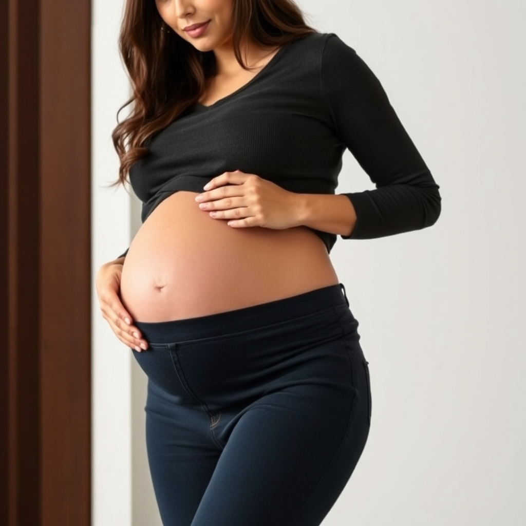  A pregnant woman wearing comfortable and stylish maternity clothes, showcasing the comfort and style of maternity wear.