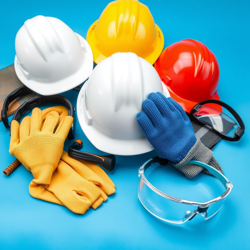 A range of safety equipment, such as helmets, gloves, and protective eyewear, emphasizing safety in the workplace.