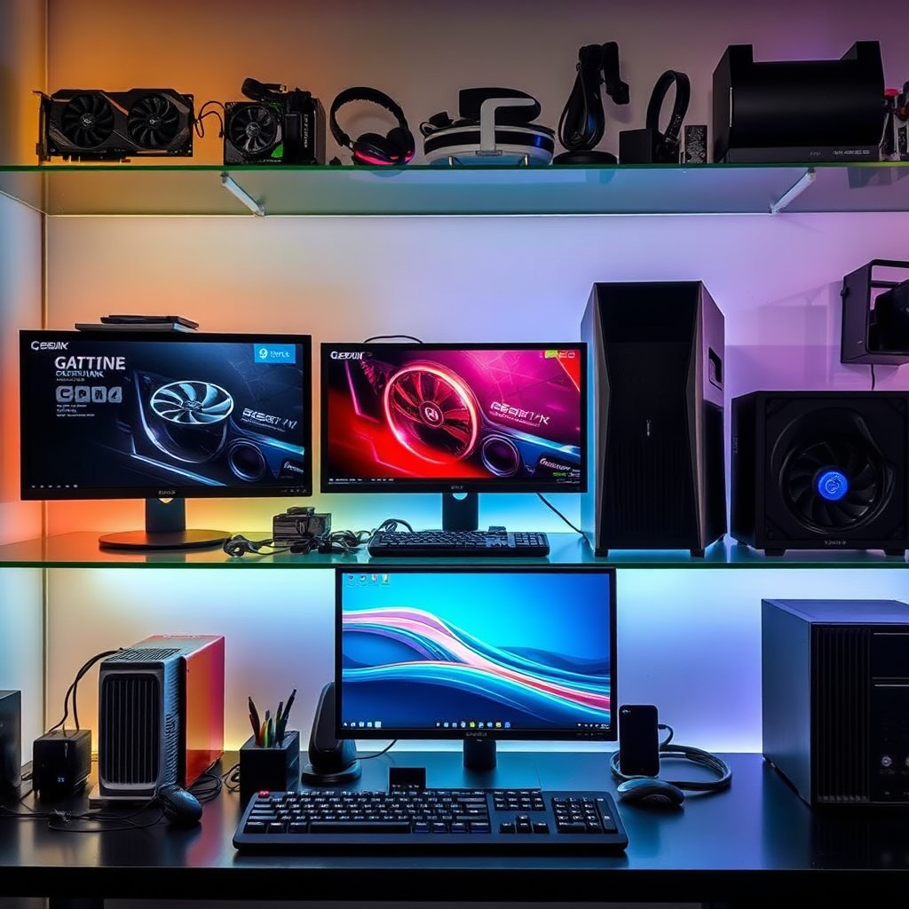 A selection of computer components and accessories, such as graphics cards, monitors, and keyboards, for upgrading tech setups.