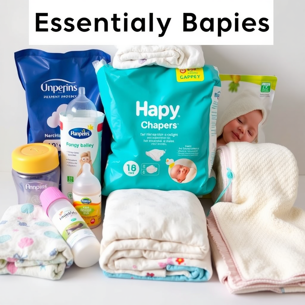  A selection of essential baby products, including diapers, bottles, and blankets, arranged in a visually appealing manner.