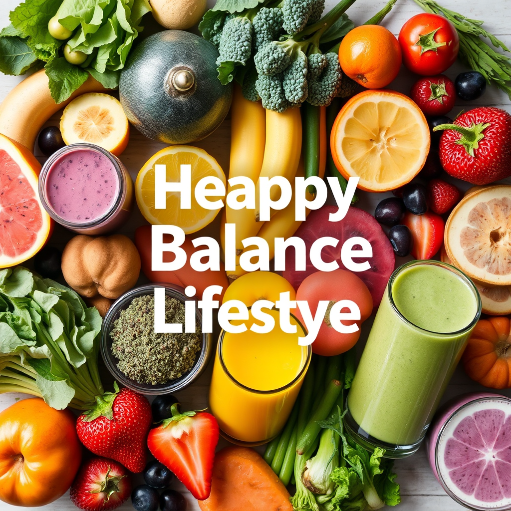A selection of healthy foods and drinks, such as fruits, vegetables, and smoothies, representing a balanced lifestyle.