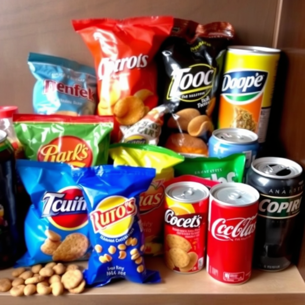 A selection of popular snacks and beverages, such as chips, cookies, and sodas, for a quick and satisfying treat.
