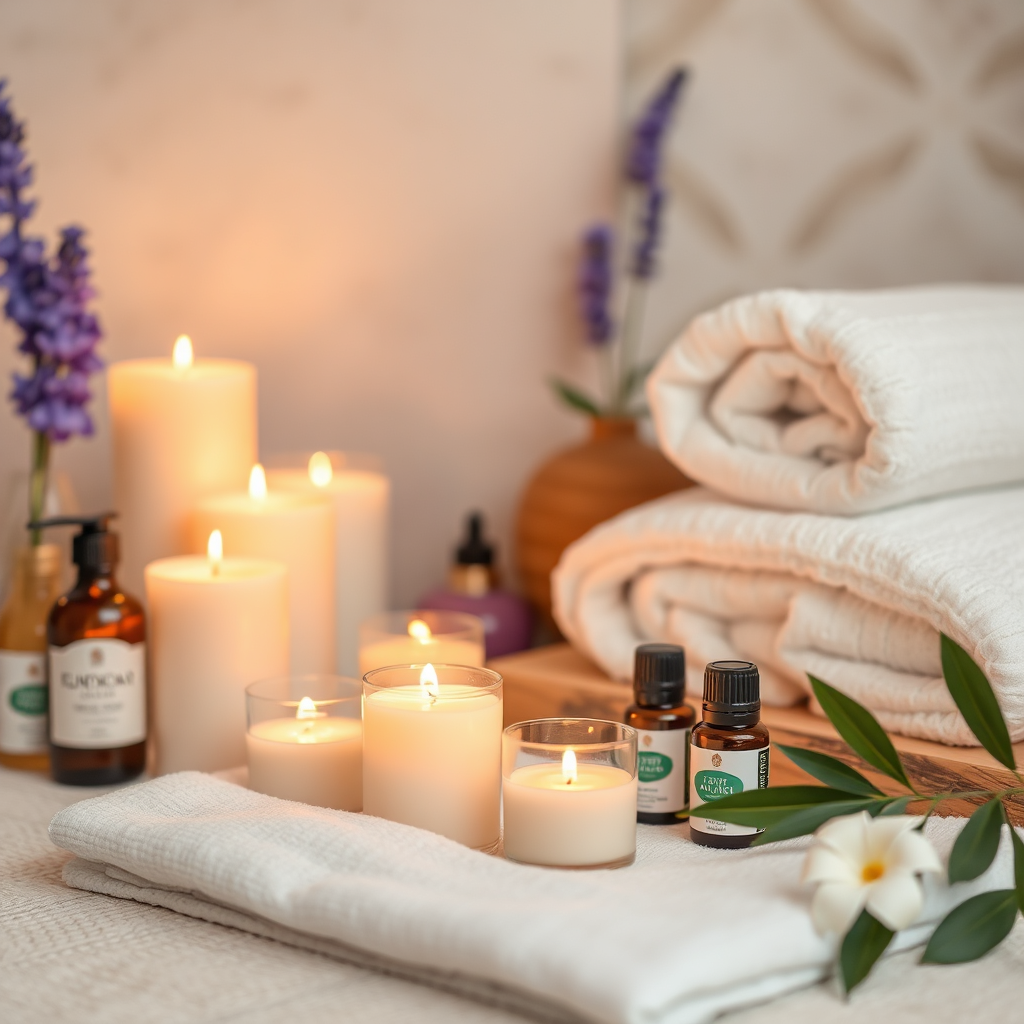  A serene spa setting with candles, essential oils, and other wellness products, representing relaxation and rejuvenation.