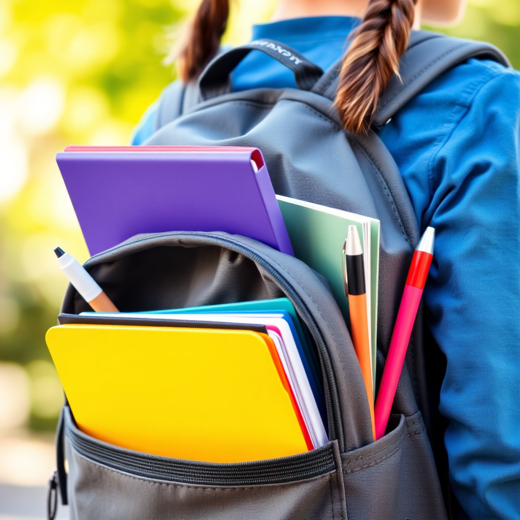 A student with a backpack filled with school supplies, such as textbooks, notebooks, and pens, representing learning and education.