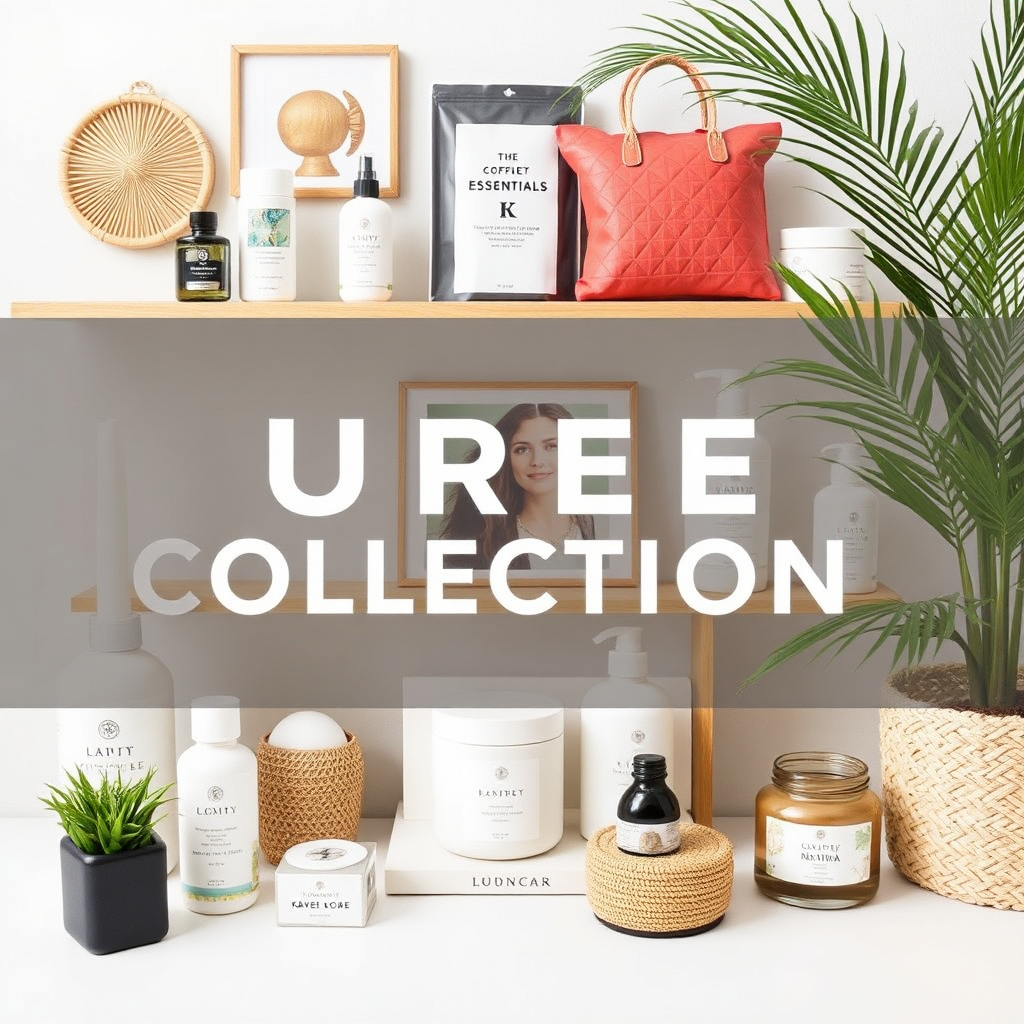 A stylishly arranged display of products from a specific curated collection, such as 'Summer Essentials' or 'Home Office Must-Haves'.