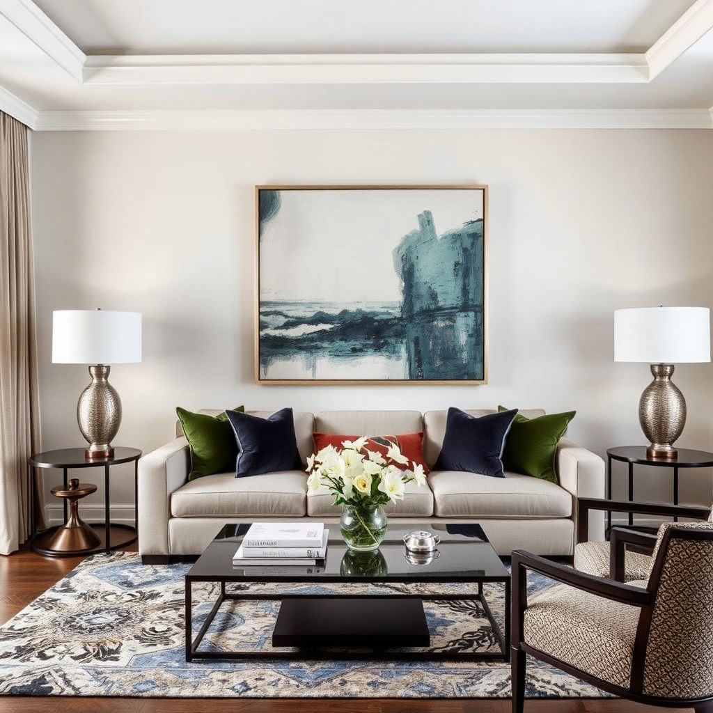 A stylishly decorated living room featuring a prominent artwork, showcasing how art can enhance a living space.