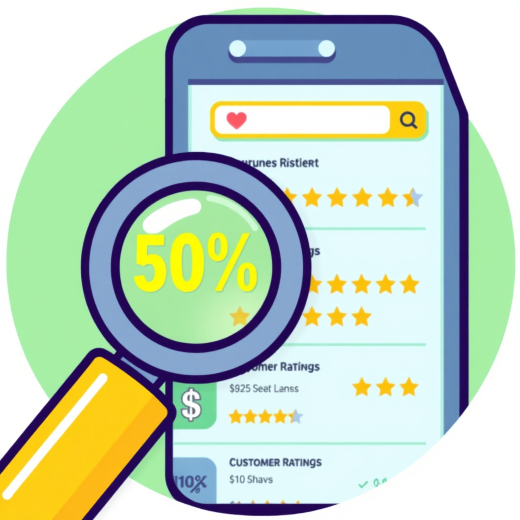 A stylized graphic illustrating a magnifying glass hovering over a smartphone screen displaying product listings with prominently featured discounts and customer ratings. The color scheme should emphasize value and savings, with bright greens and yellows.