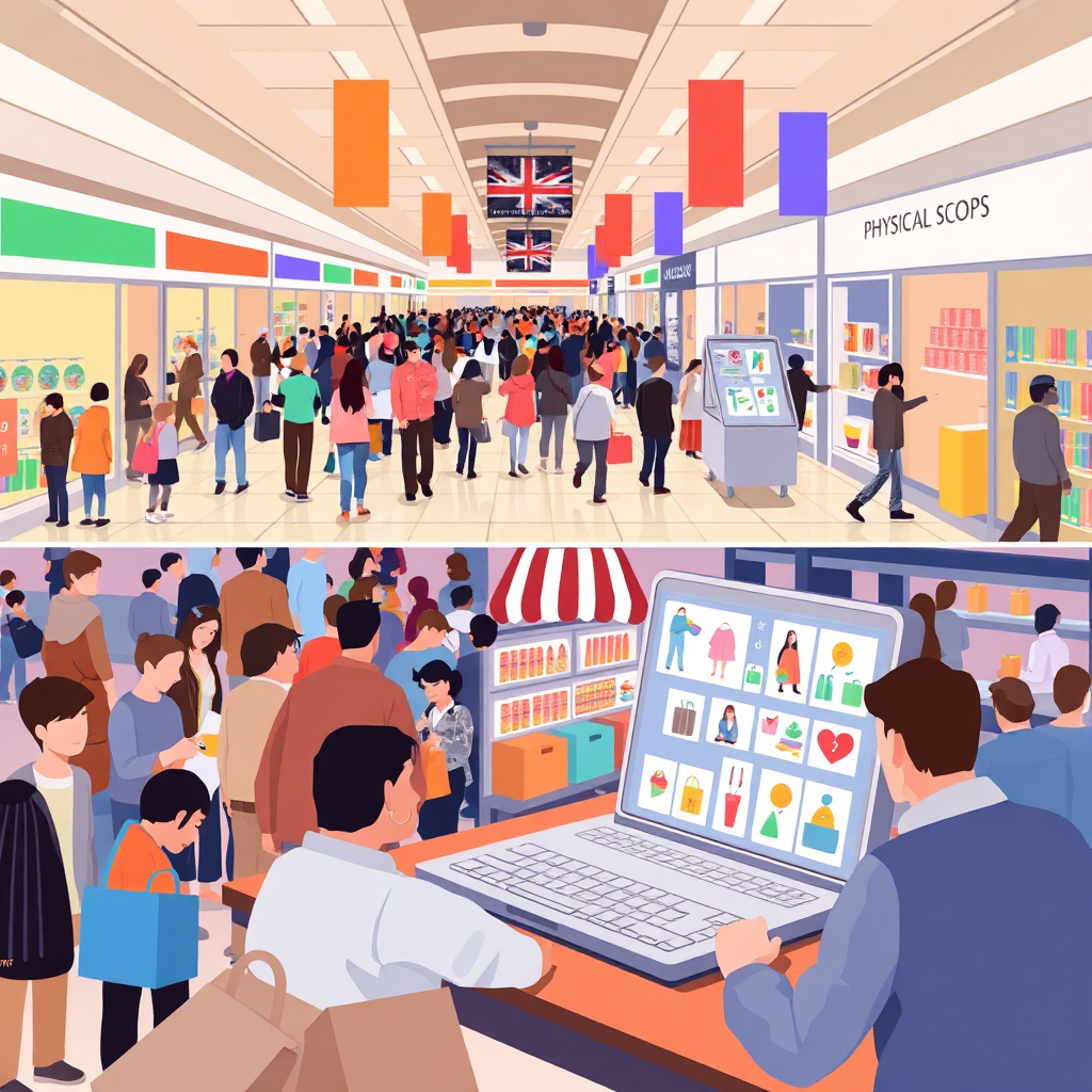 A stylized illustration comparing a crowded physical mall scene with a serene online shopping interface. The contrast should highlight the convenience of online shopping.