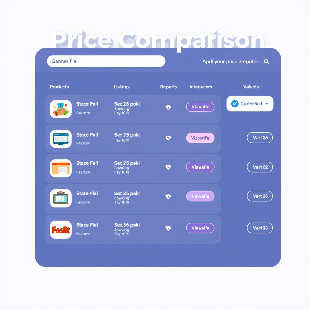 A stylized illustration of a price comparison tool displaying product listings from various vendors. The design should be clean and easy to understand.