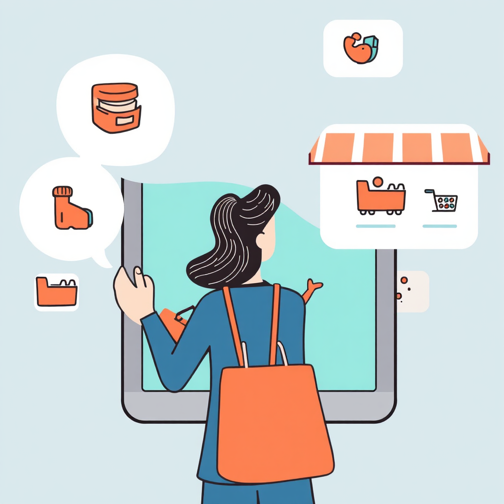  A stylized illustration of a shopper navigating through different shopping categories on a tablet device.