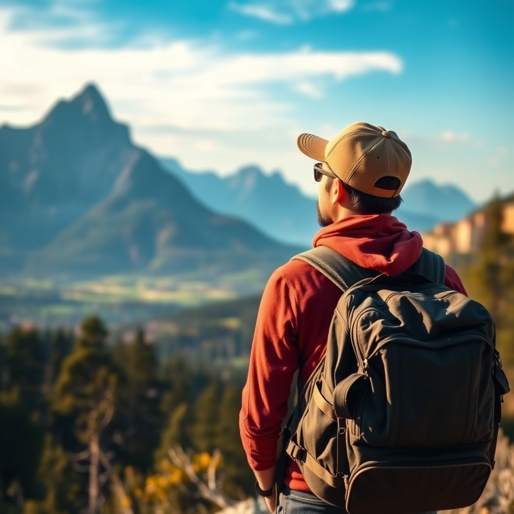  A traveler with a backpack standing in front of a scenic landscape, representing travel and exploration.