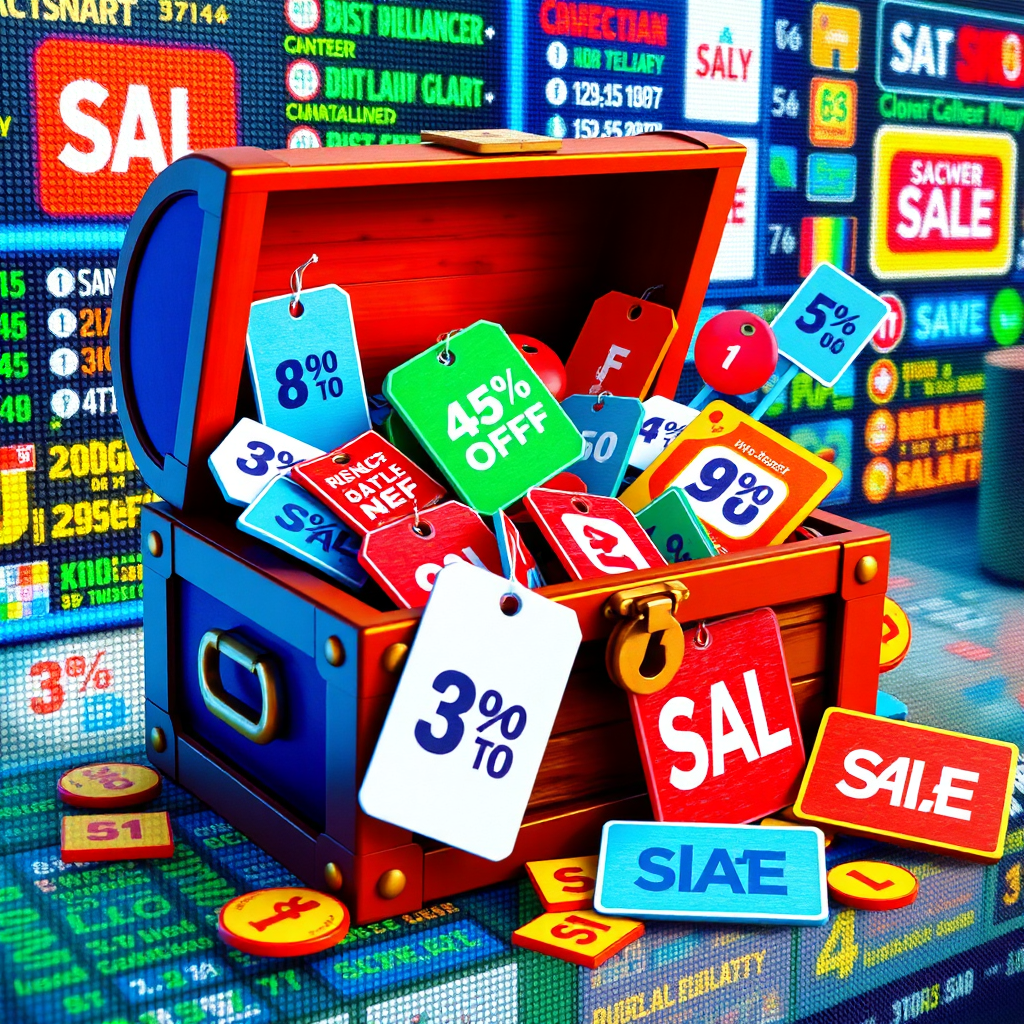 A vibrant graphic featuring a treasure chest overflowing with discount tags and sale signs, all displayed on a digital screen. The colors should be eye-catching and indicative of savings.