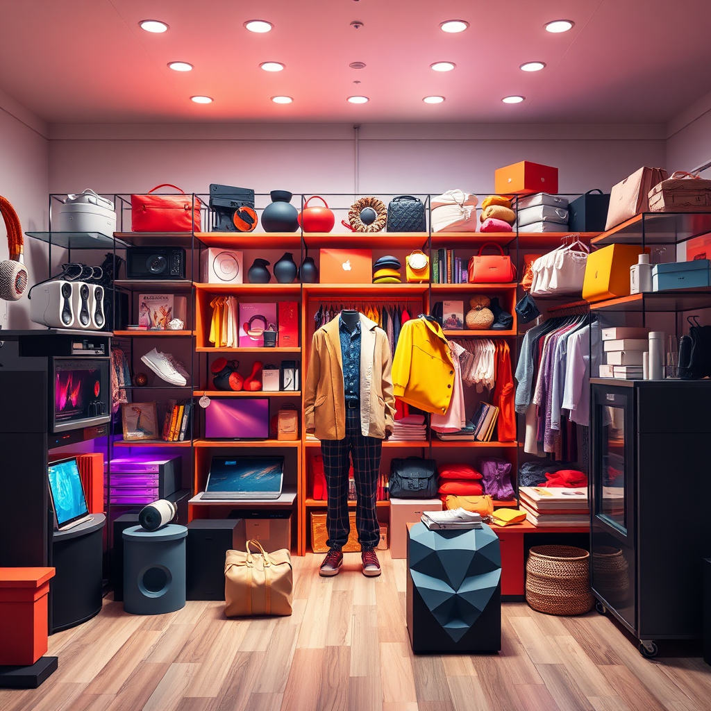  A vibrant, photorealistic image showcasing a split-screen view of diverse products from different categories (electronics, fashion, home goods) merging into a single online interface. The lighting should be bright and inviting, with a color palette that is both eye-catching and harmonious. Focus on conveying the vastness of product selection.