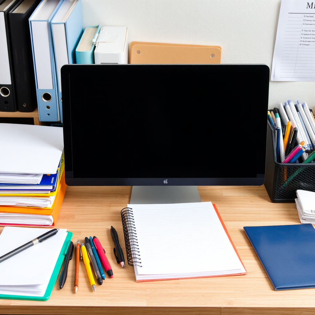 A well-organized desk with various office supplies, such as pens, notebooks, and folders, representing organization and productivity.
