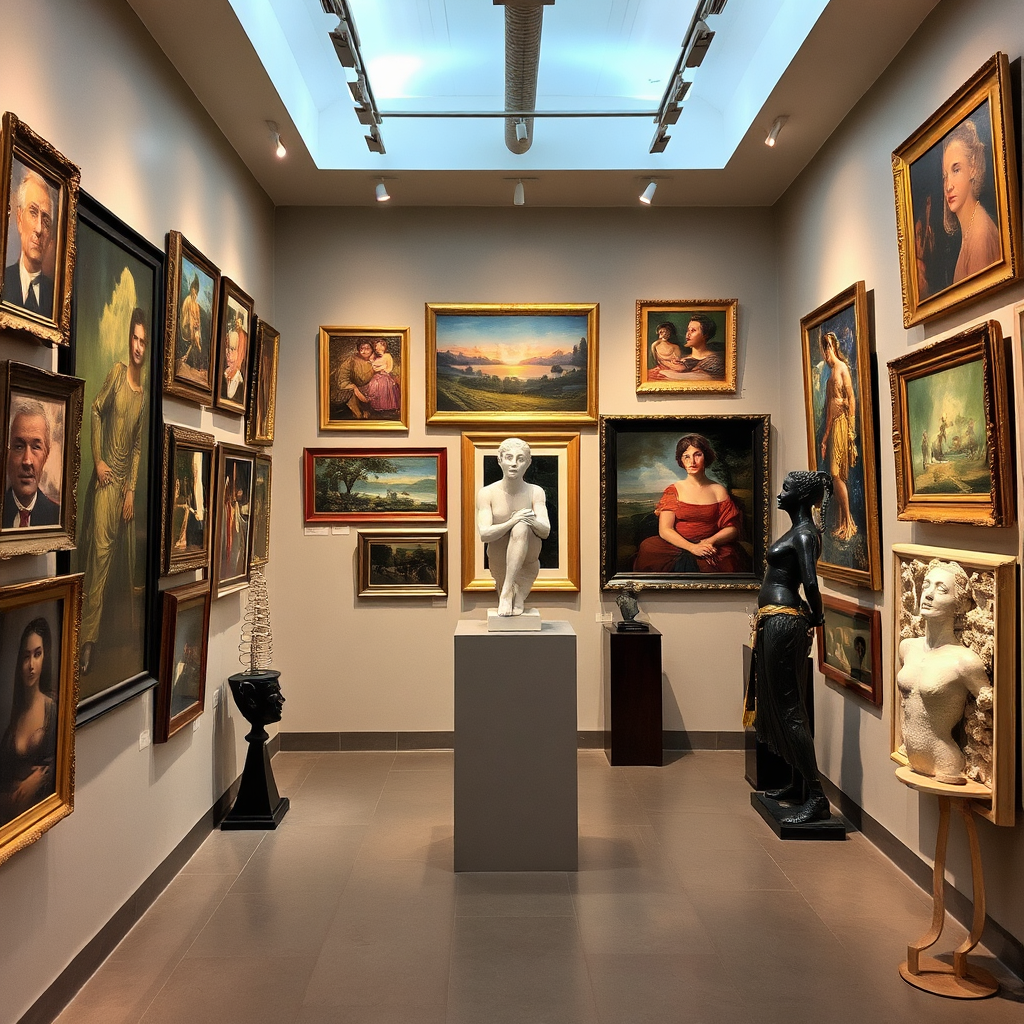 An art gallery showcasing diverse paintings and sculptures from various artists, with soft lighting and a sophisticated atmosphere.