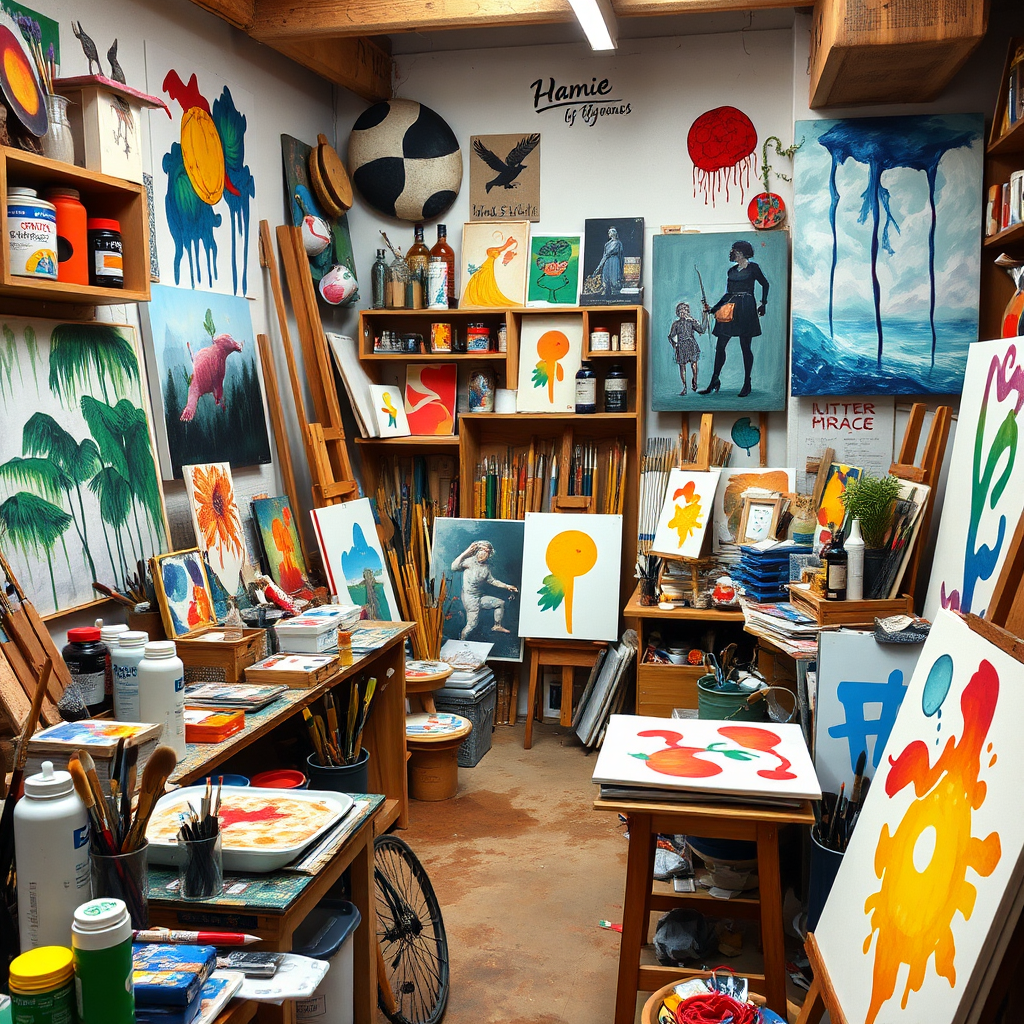 An artist's studio filled with paints, brushes, canvases, and other art supplies, inspiring creativity and imagination.