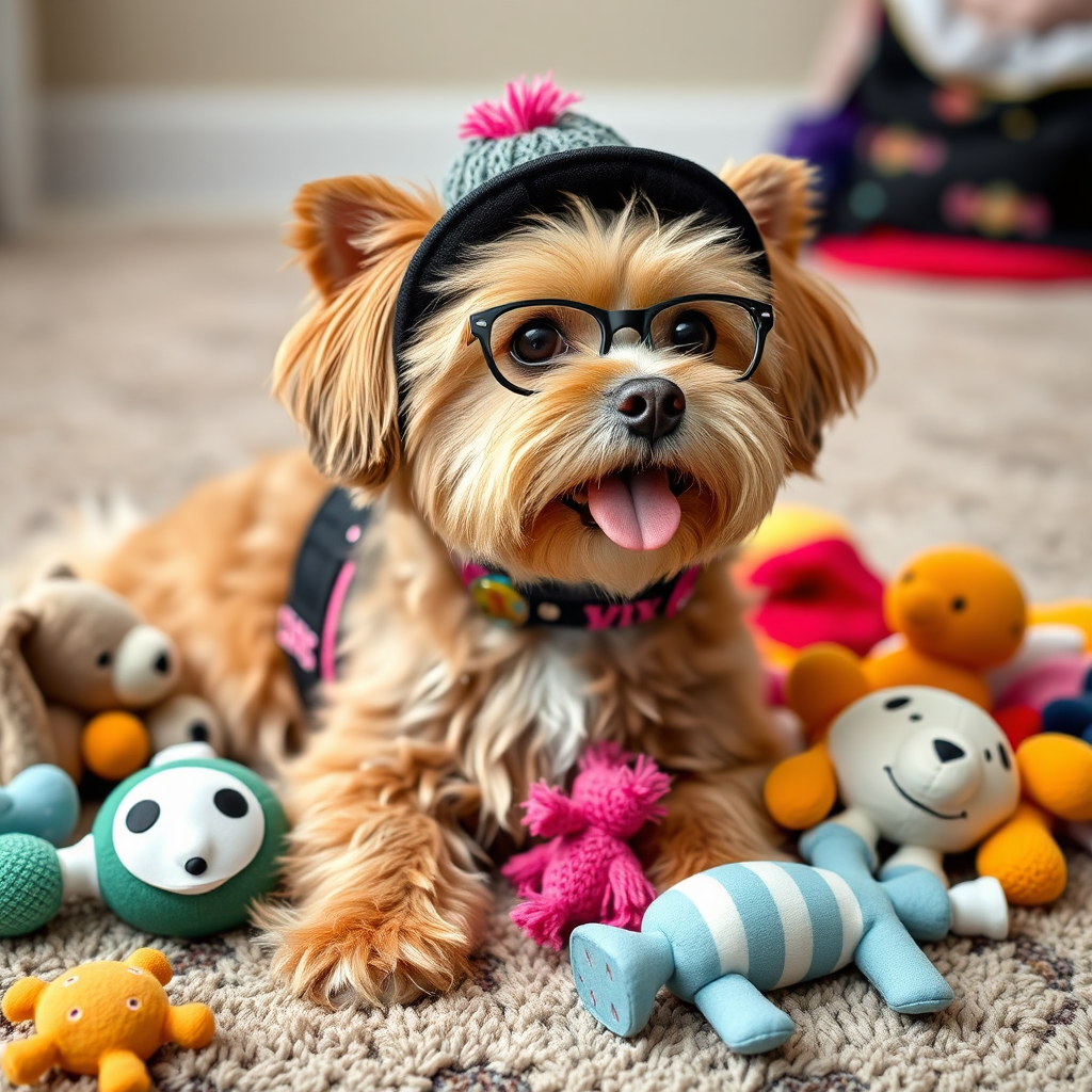  Pampered pet dog with lots of accessories and toys.