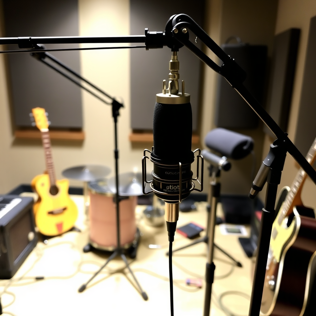 Studio setup with microphone and instruments.