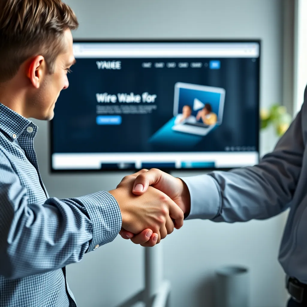 A close-up shot of a client shaking hands with a website developer, with a mockup of a website displayed on a monitor in the background. The image should convey a sense of trust, partnership, and satisfaction.