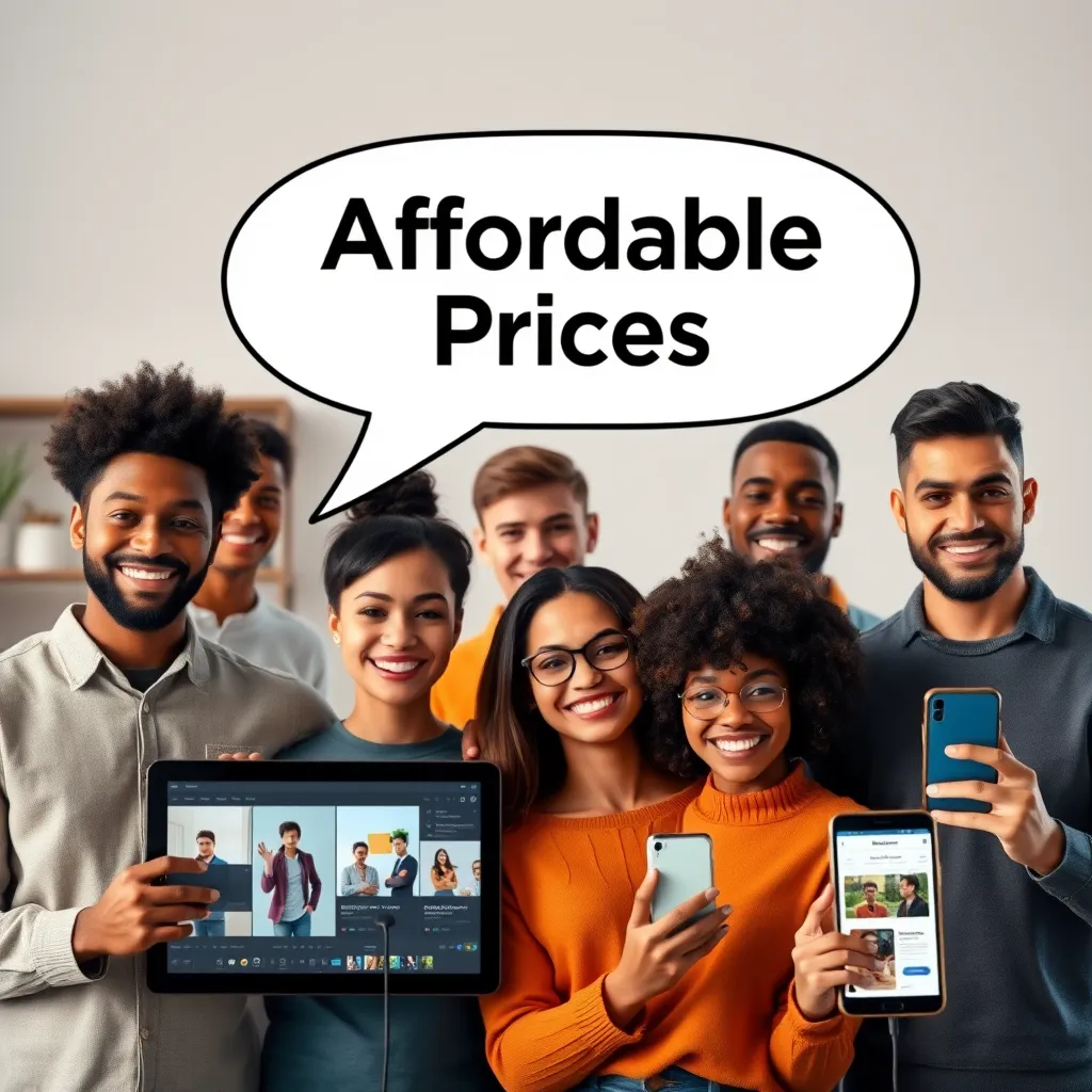 A digital graphic with a speech bubble containing the text 'Affordable Prices' above a group of diverse people in a variety of work settings. Each person is holding a device displaying different visuals, such as a video editing software, a website mockup, and a mobile phone. The image should convey a sense of affordability and accessibility.
