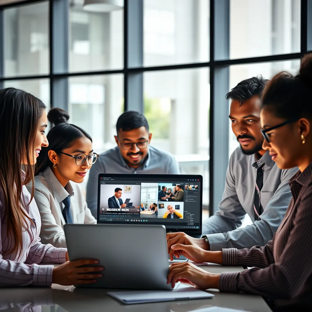 A group of diverse people, wearing professional attire, working together on a laptop, a video editing software, and a website design platform. The background should be a modern office with large windows and natural light. The image should convey a sense of collaboration, expertise, and creativity.
