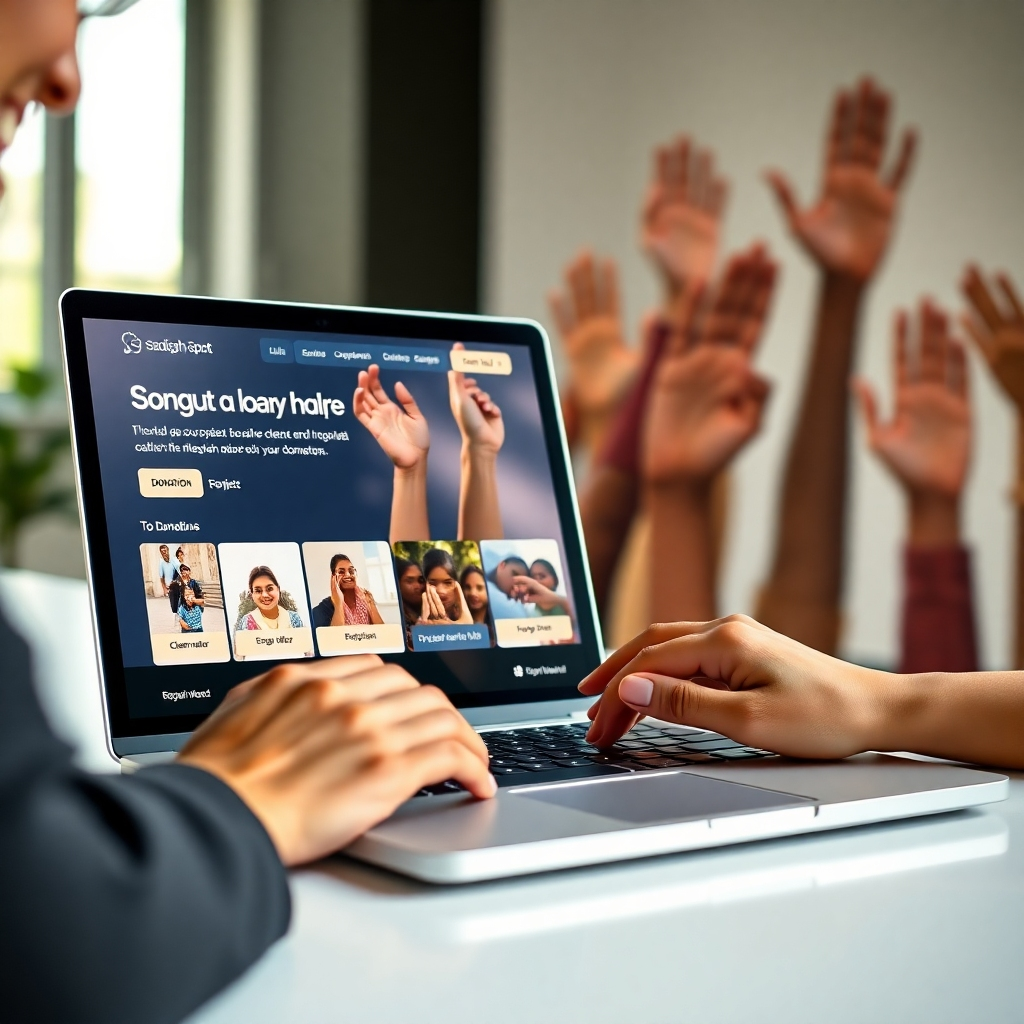 A photorealistic image, 8K resolution, hyperrealistic detail, soft diffused lighting, warm color palette, of a person smiling gently while using a sleek, modern laptop. The laptop displays the Sadaqah Spot website, showcasing diverse charity options with clear donation buttons. The background is a blurred image of diverse hands reaching out to help. The scene exudes calmness, trust, and ease of use. The overall mood is positive and hopeful. The image style emulates the works of Annie Leibovitz, focusing on genuine human emotion and impactful storytelling.  The laptop screen displays various project thumbnails of people receiving help (e.g., clean water, education, medical aid).  The user's hands hover over a donation button, implying a simple and seamless transaction.  The texture of the laptop is smooth, metallic, reflecting the soft light subtly. The environment is a clean, minimalist, modern office space with natural light filtering through.