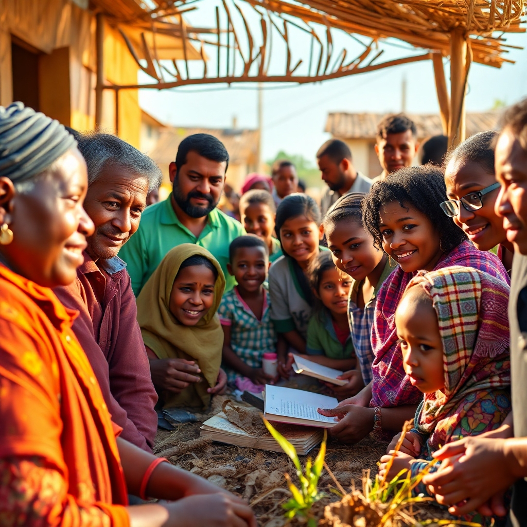 A photorealistic image, 8K resolution, in the style of Steve McCurry, depicting a diverse group of people from various backgrounds and ages collaborating on a community project. The scene is bathed in warm, golden sunlight. A vibrant color palette captures the cultural diversity of the participants.  The focus is sharp on the faces and expressions, emphasizing the positive impact of collective support. The environment shows multiple community development projects simultaneously in progress, like a well being center, a school, and an agricultural project. Specific details include tools, books, and people working together harmoniously.  The background includes subtle details of the community's natural surroundings, such as lush vegetation or a clear blue sky, reflecting the overall positive outcome. The image focuses on teamwork, positive change, and the tangible effects of charitable giving.  The textures of clothing, tools, and the natural environment are ultra-detailed, giving a sense of realism and depth.