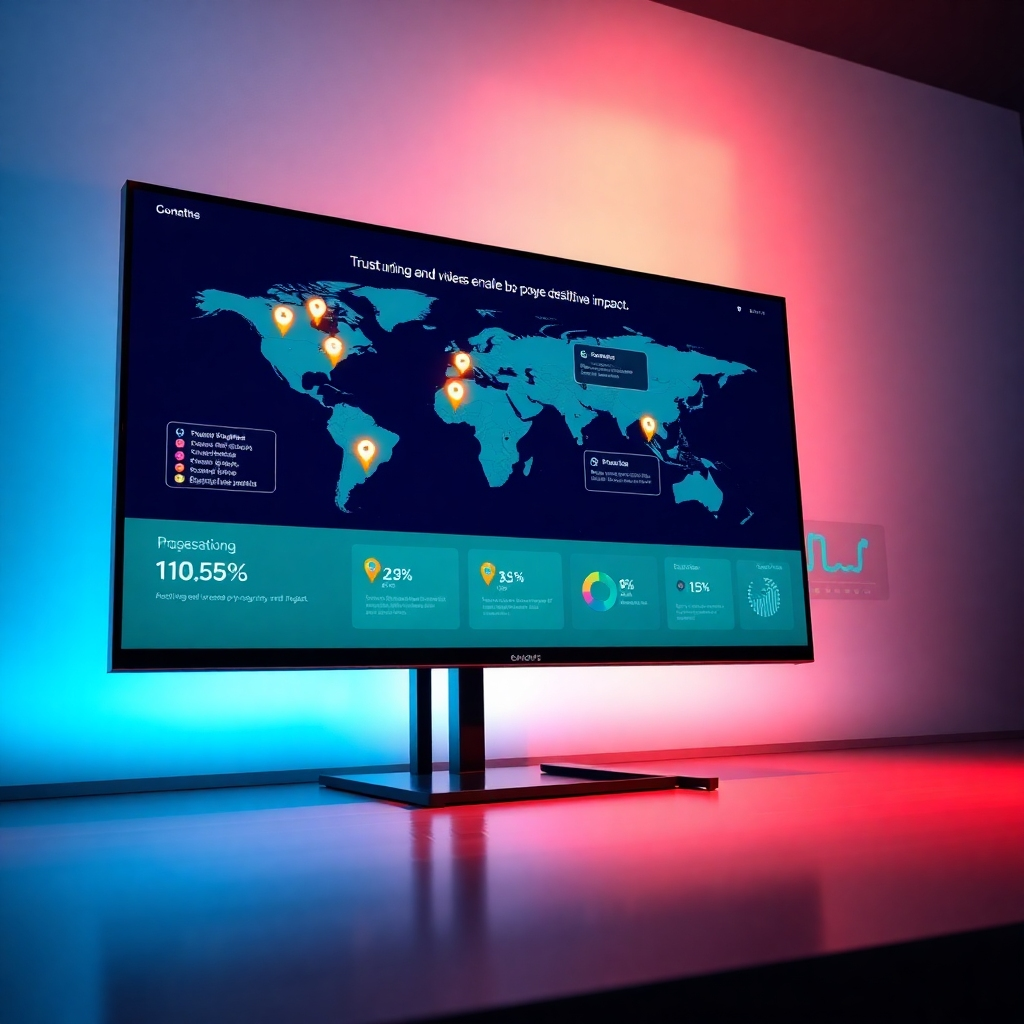 An ultra-high definition, photorealistic image with dramatic side lighting, showcasing a clean, minimalist website interface on a large monitor. The screen displays an interactive map visualizing global donations, represented by vibrant, glowing pins. Each pin displays the location and amount of donations, with pop-ups showcasing the specific project and impact. The color palette uses a mix of cool blues, greens, and warm oranges, representing trust and positive impact. The style should emulate the visual clarity and precision of infographics by Hans Rosling.  The image showcases various metrics like funds raised, projects supported, beneficiaries impacted, all presented in easy-to-understand charts and graphs, emphasizing transparency and accountability. The background features a softly blurred image of the world map. The overall feel is one of confidence and transparency.