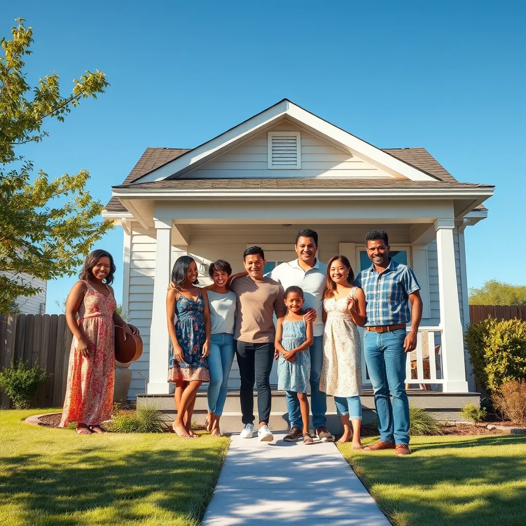 A diverse family standing outside their newly purchased home, smiling and celebrating. The home is cozy and welcoming, with a small yard and a welcoming front porch. The setting is a sunny day, showcasing a clear blue sky.