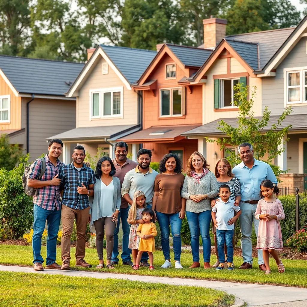 A diverse group of happy families standing in front of their new homes in a vibrant neighborhood. The houses are well-maintained and show community care. Lush green lawns and children playing outside depict a sense of belonging and stability.