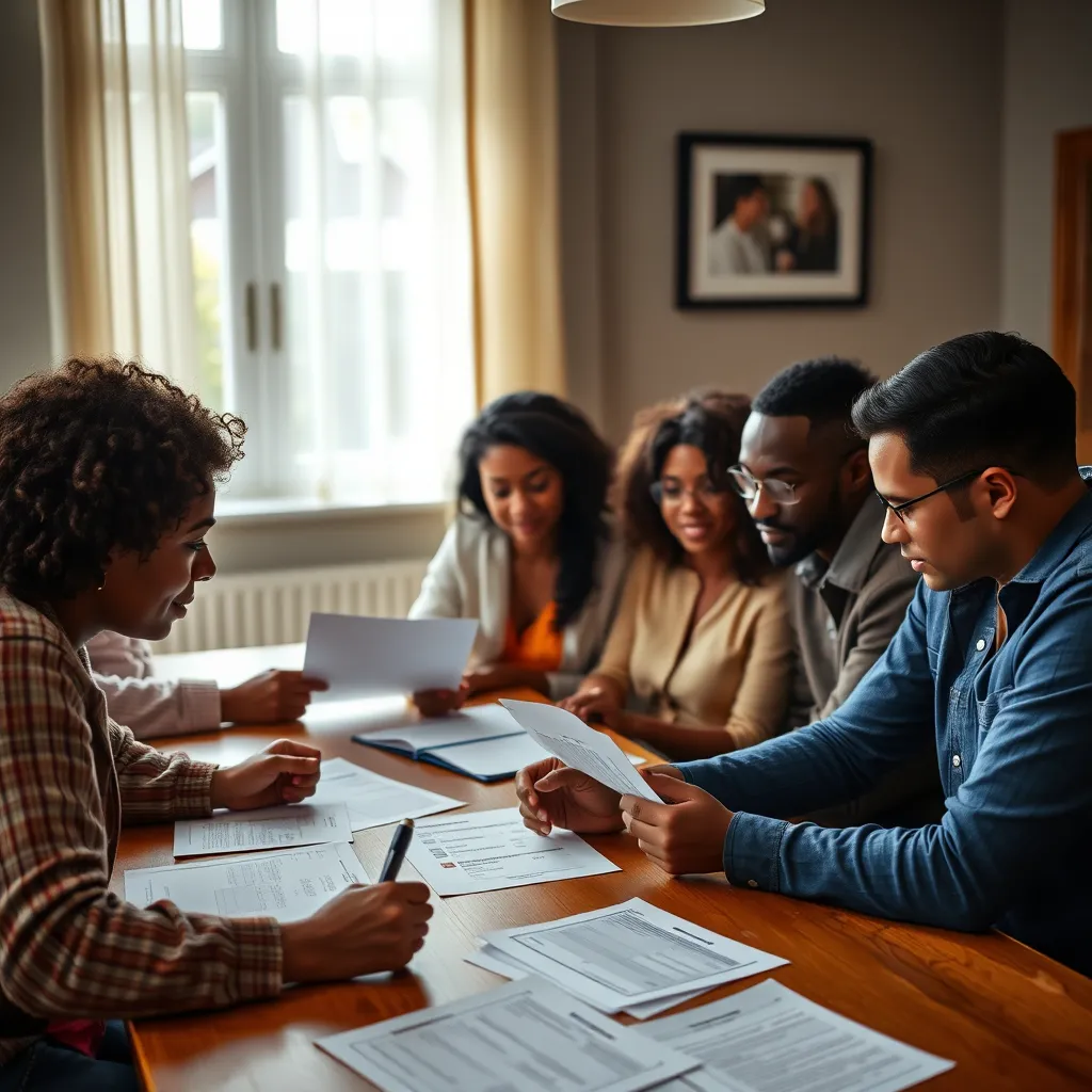 A diverse group of individuals sitting at a table with paperwork, reviewing a checklist of eligibility criteria for a homeownership program. The room is well-lit, with documents like income statements and residency proof scattered around, conveying a sense of focus and determination.