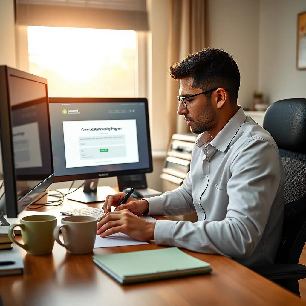 A focused applicant sitting at a desk, filling out an application form for the Covenant Homeownership Program. The desk is clutter-free with a computer displaying a submission portal, a cup of coffee, and a sunny window in the background creating a hopeful atmosphere.