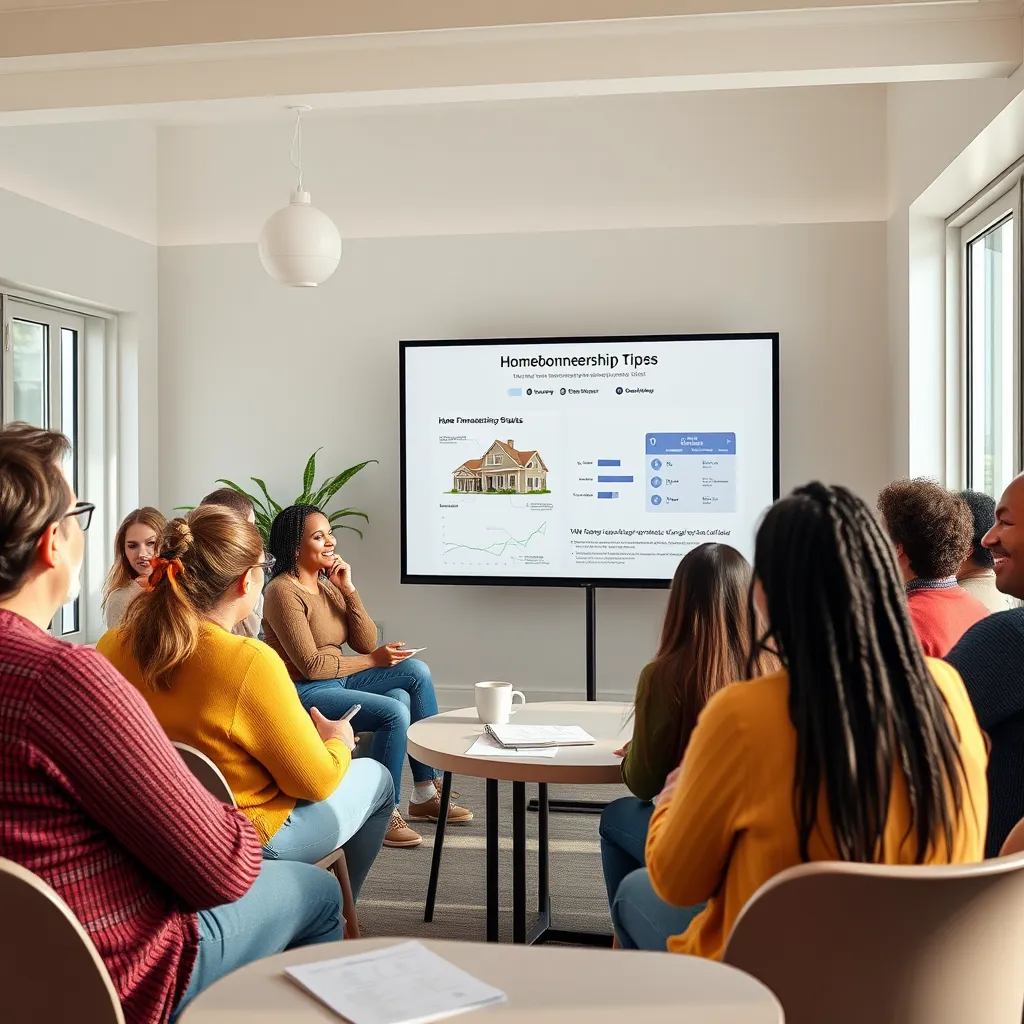 A friendly community workshop in a bright, modern space. A diverse group of adults attentively listening to a smiling instructor presenting on homeownership tips. Charts and visuals display home financing concepts on a large screen.