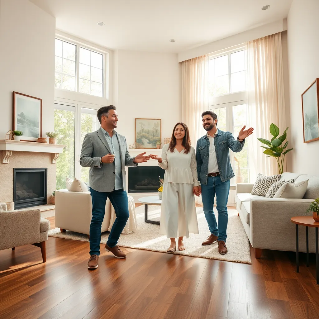 A friendly real estate agent and a couple touring a beautifully staged living room of a cozy home. The space is filled with natural light from large windows, creating a bright, airy feel. Soft pastel colors dominate the decor, with comfortable furniture and tasteful art adorning the walls. The couple looks intrigued and engaged, exploring the room with the agent gesturing towards a feature of the home, such as a fireplace or large window. The perspective is at eye level, inviting viewers into the scene. Floors have a rich wooden texture, and a light breeze gently sways sheer curtains, adding life to the moment. This hyperrealistic image captures the warmth of personal interaction, and is rendered in ultra-detailed 8K resolution, embodying a friendly and welcoming home search experience.