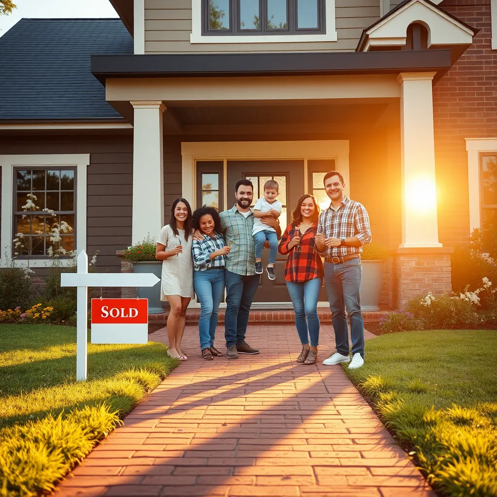 A modern home exterior with a welcoming front porch, showcasing a 'Sold' sign on the lawn. The scene is bathed in warm, golden hour lighting that imbues a sense of achievement. A diverse family stands in front of the house, smiling and holding keys, symbolizing their newfound homeownership. The brick pathway leading to the door is lined with blooming flowers, enhancing the cheerful atmosphere. The camera angle is slightly low, capturing the full height of the house and the joy on the family's faces. Textures of wood and brick are highlighted in the sunlight, emphasizing the quality of the home. This image is ultra-high quality and hyperrealistic, allowing viewers to feel the excitement and warmth of this milestone moment.
