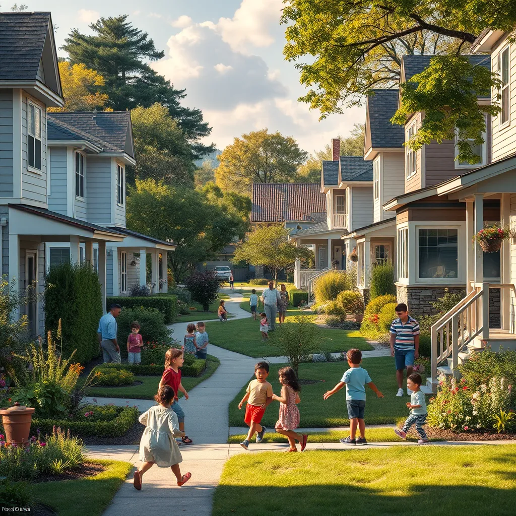 A picturesque neighborhood scene with families enjoying their yards. Children play in the streets while adults garden or chat. Homes are varied but well-kept, symbolizing community stability and vibrant living.