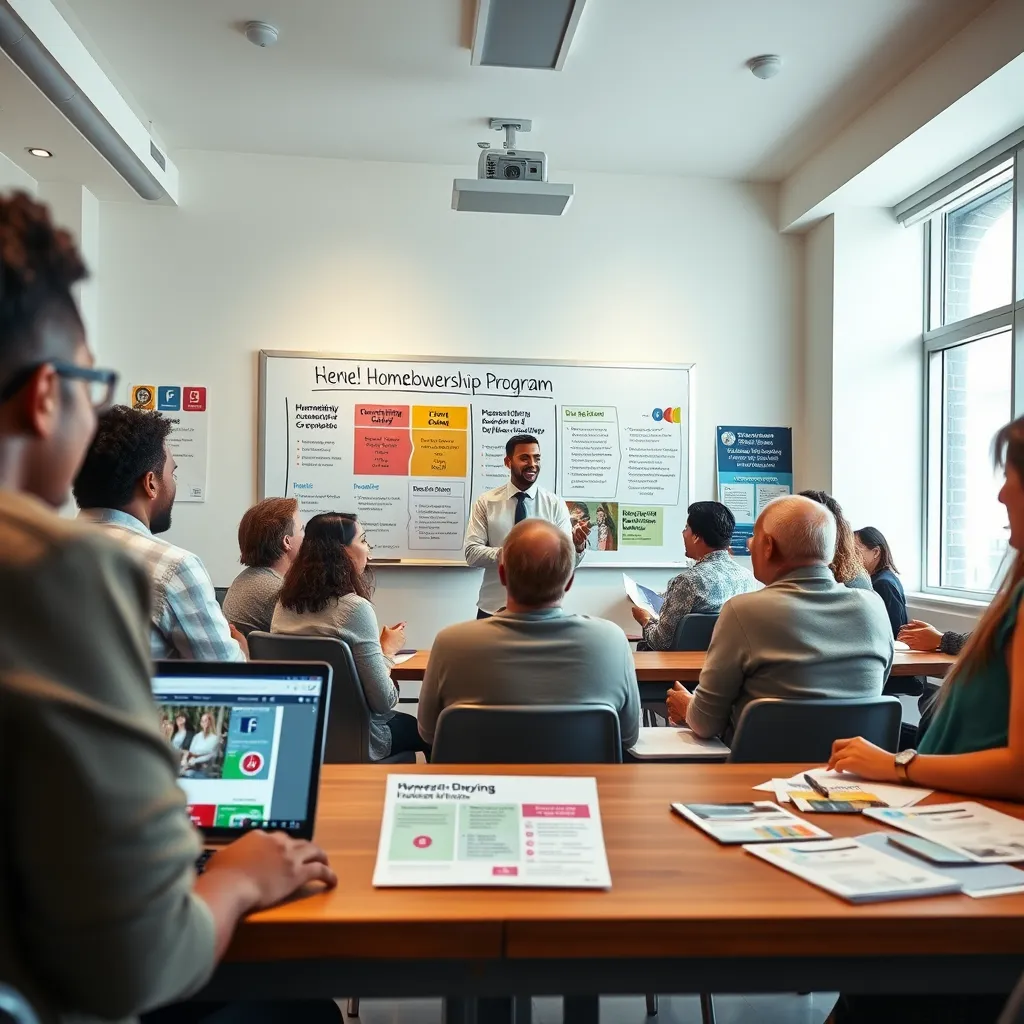 A vibrant, engaging classroom setting filled with diverse participants happily interacting with a knowledgeable instructor. The room is well-lit with soft diffused lighting from large windows, creating an inviting atmosphere. A colorful display on a whiteboard showcases key homebuying concepts, with posters in the background about financing and budgeting. The mood is positive and motivational. In the foreground, a laptop displays a homeownership program webpage. The perspective is from the back of the room, showcasing both the instructor and engaged attendees. Materials such as charts and brochures are spread on the tables, adding texture. The scene is in ultra-detailed 8K resolution, capturing expressions of eagerness and learning, in the style of contemporary educational photography.