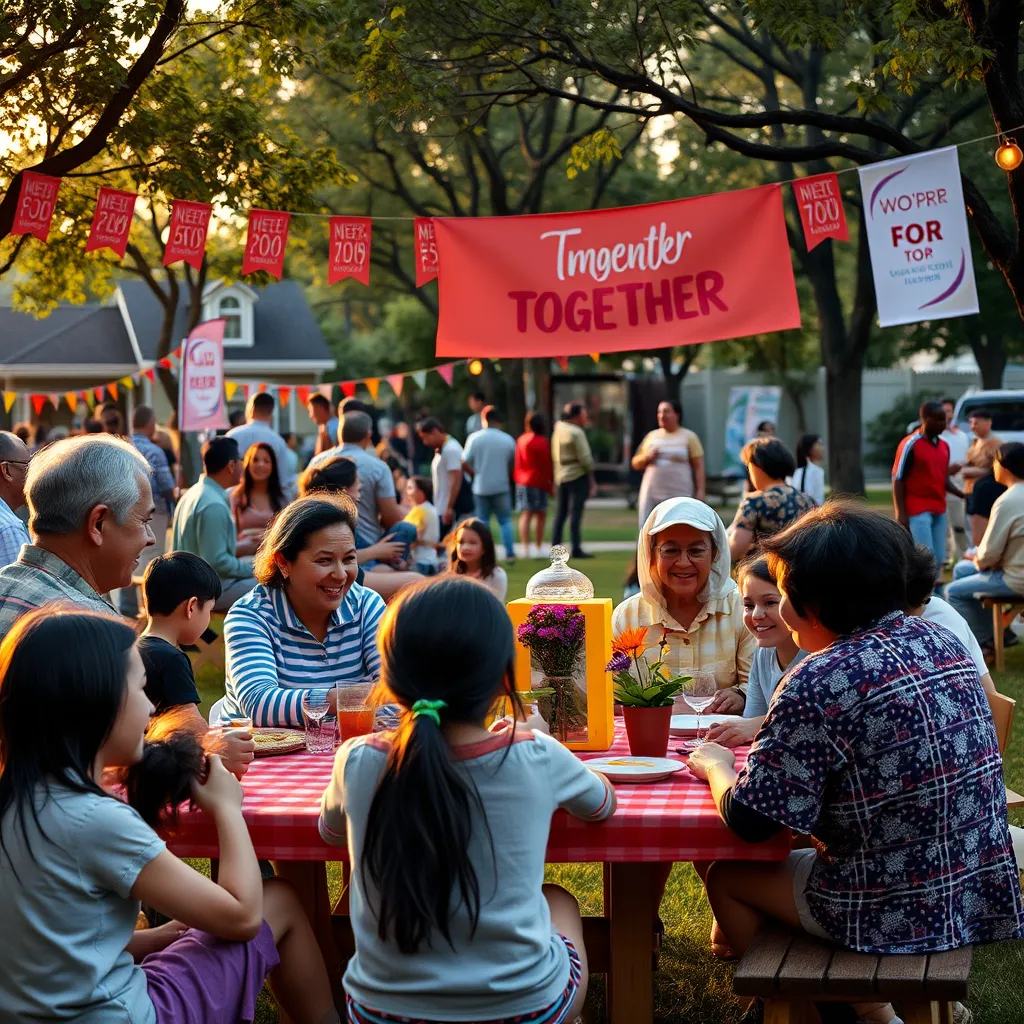 A warm community event in a suburban park with families enjoying a picnic together. Neighbors of different backgrounds converse, children play, and community banners promote togetherness. The scene reflects joy, collaboration, and social unity in a welcoming environment.
