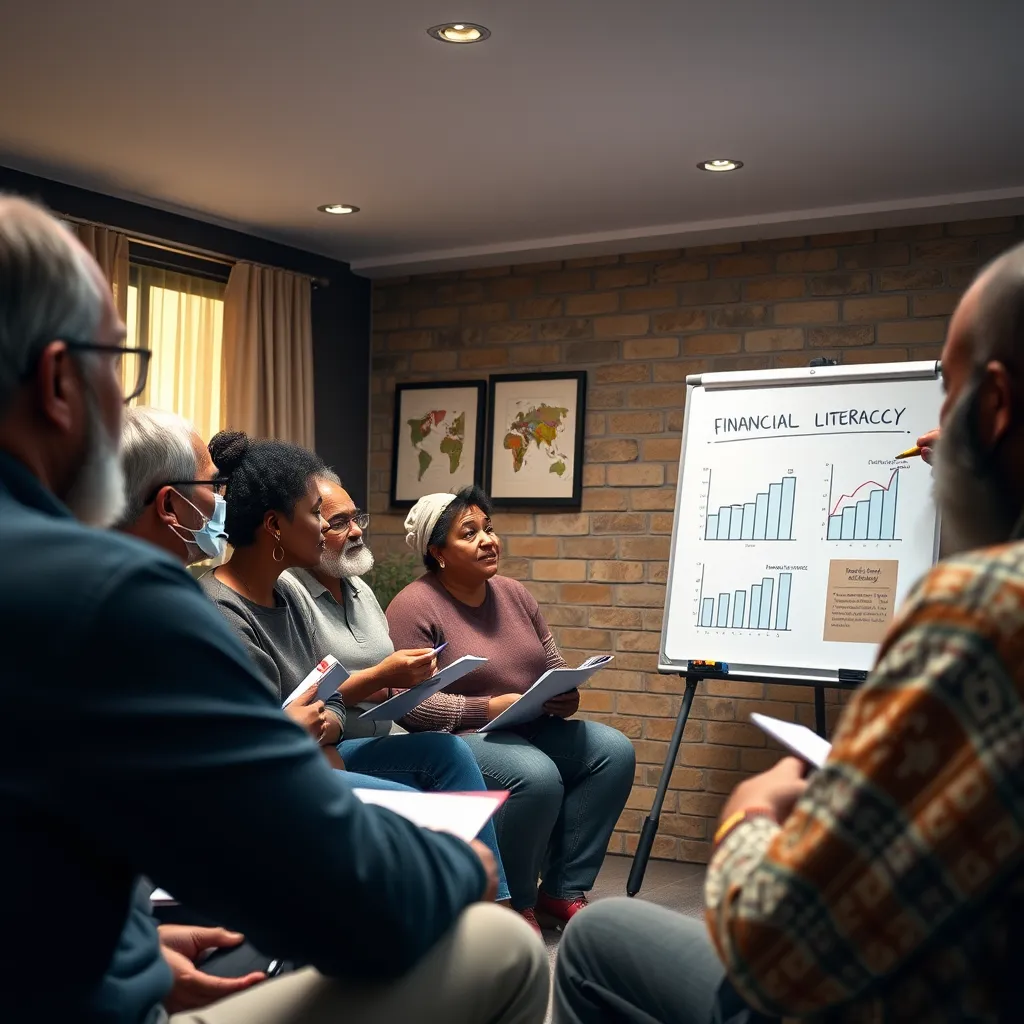 An engaging community workshop where a diverse group of adults of various ages are learning about financial literacy. A facilitator at the front uses a whiteboard with charts and graphs, all attendees are actively participating and taking notes, showcasing an enriching environment.