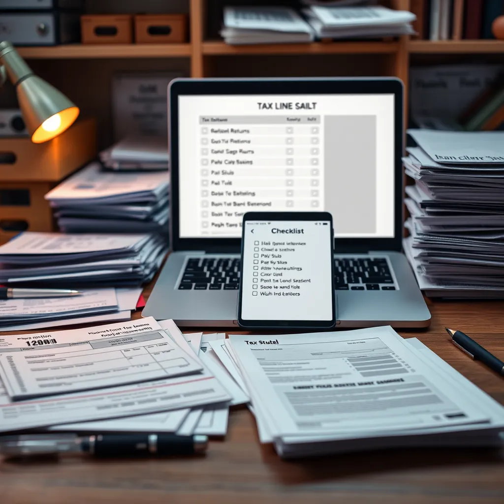 An organized workspace featuring neatly stacked documents, including tax returns, pay stubs, and bank statements. A laptop is open displaying a checklist app, with a warm light illuminating the scene, suggesting preparation and organization.