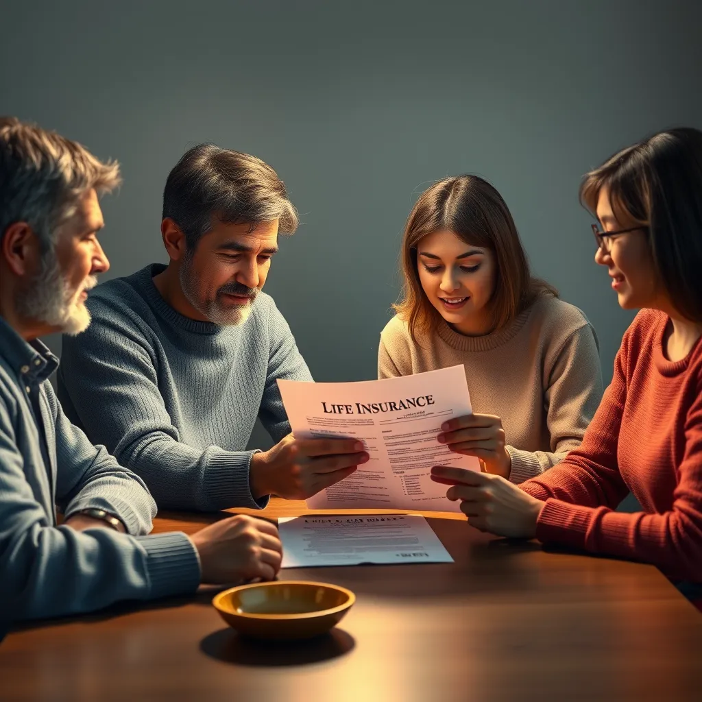  A photorealistic illustration of a family gathered around a table, looking at a life insurance policy document. The image should convey a sense of peace and security, with a soft light shining on the document and the family members.
